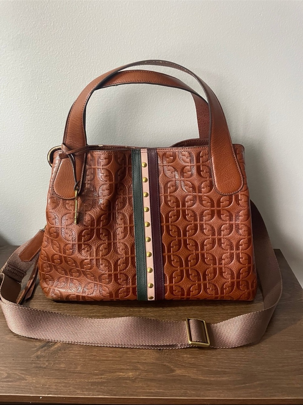 Embossed Brown Leather Shoulder Bag with Studded Stripe